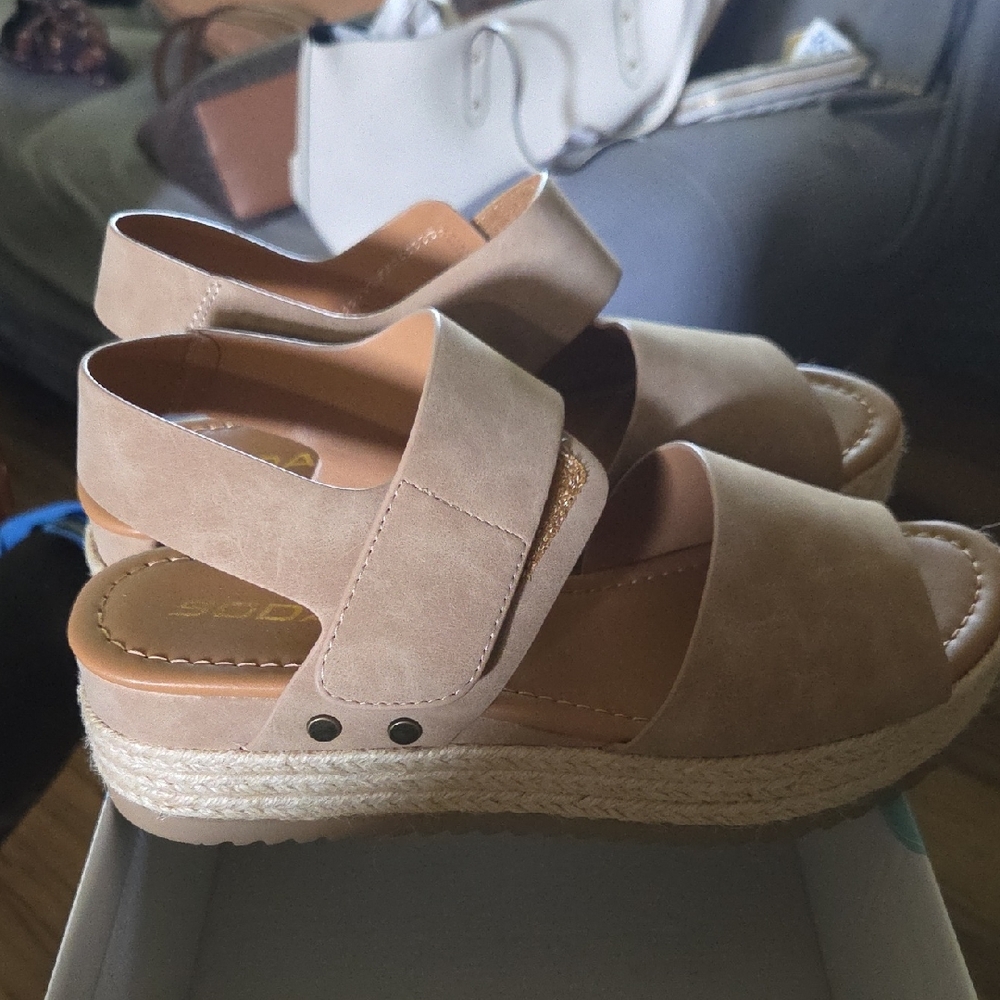 Soda Tan Wedge Espadrilles with Open-Toe Design